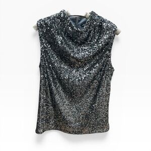 Cable Gauge Sleeveless Sequin Cowl Neck Top - Silver Size: Small NWT
